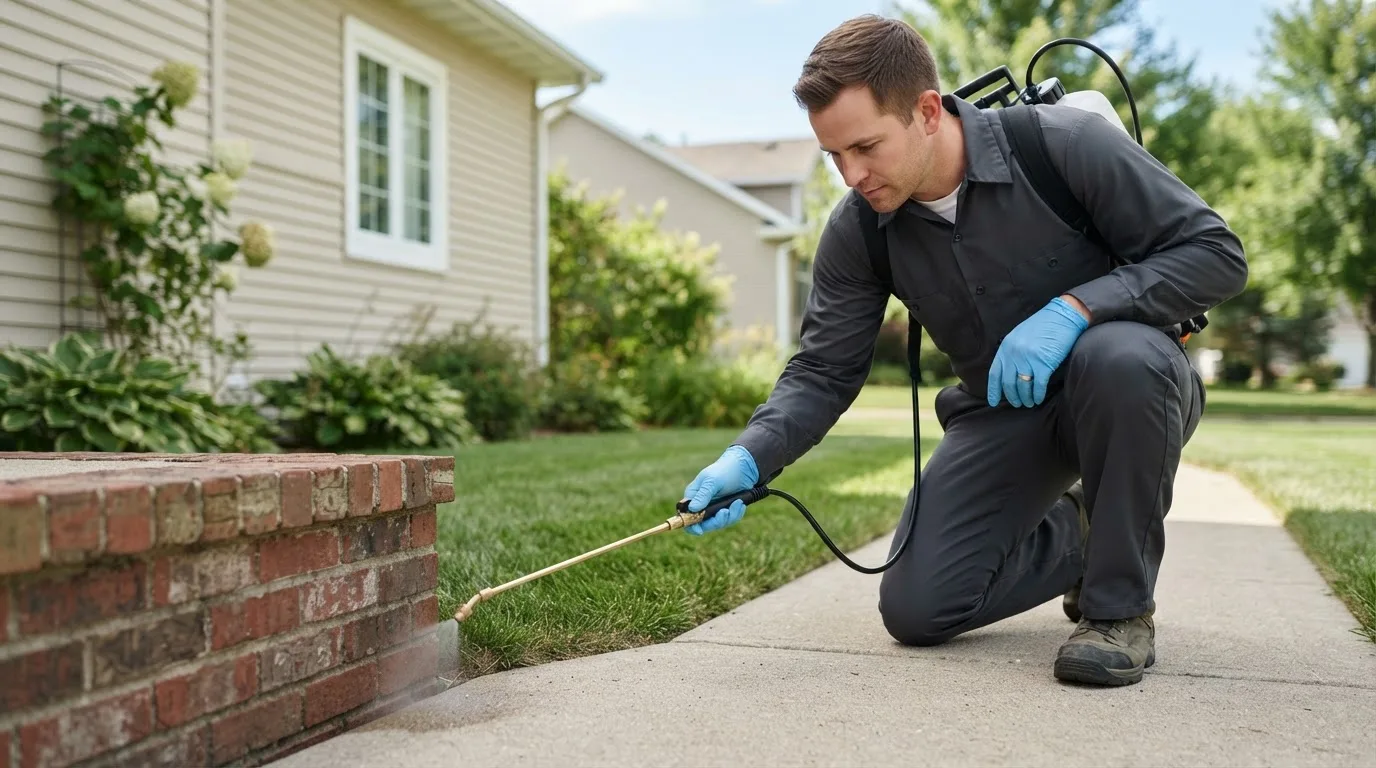 Pest control technician treating a home near Parshall, ND